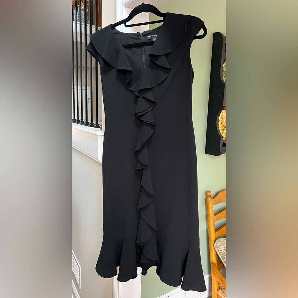 Maggy London black ruffle cocktail dress.